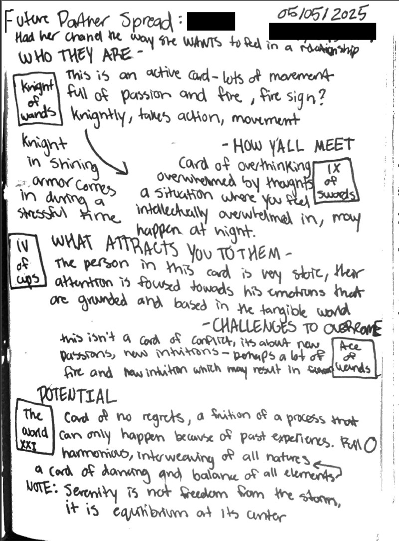 Handwritten tarot reading notes titled 'Future Partner Spread', dated May 5, 2025.