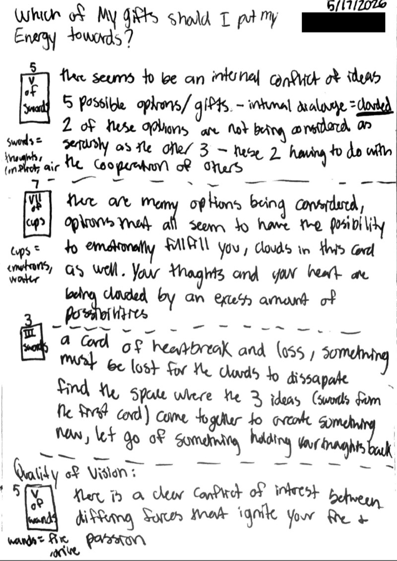 Handwritten tarot reading notes titled 'Which of my gifts should I put my energy towards?', dated May 17, 2026.