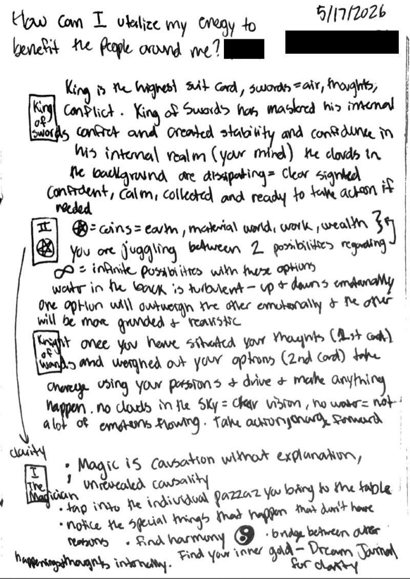 Handwritten tarot reading notes titled 'How can I utilize my energy to benefit the people around me?', dated May 17, 2026.