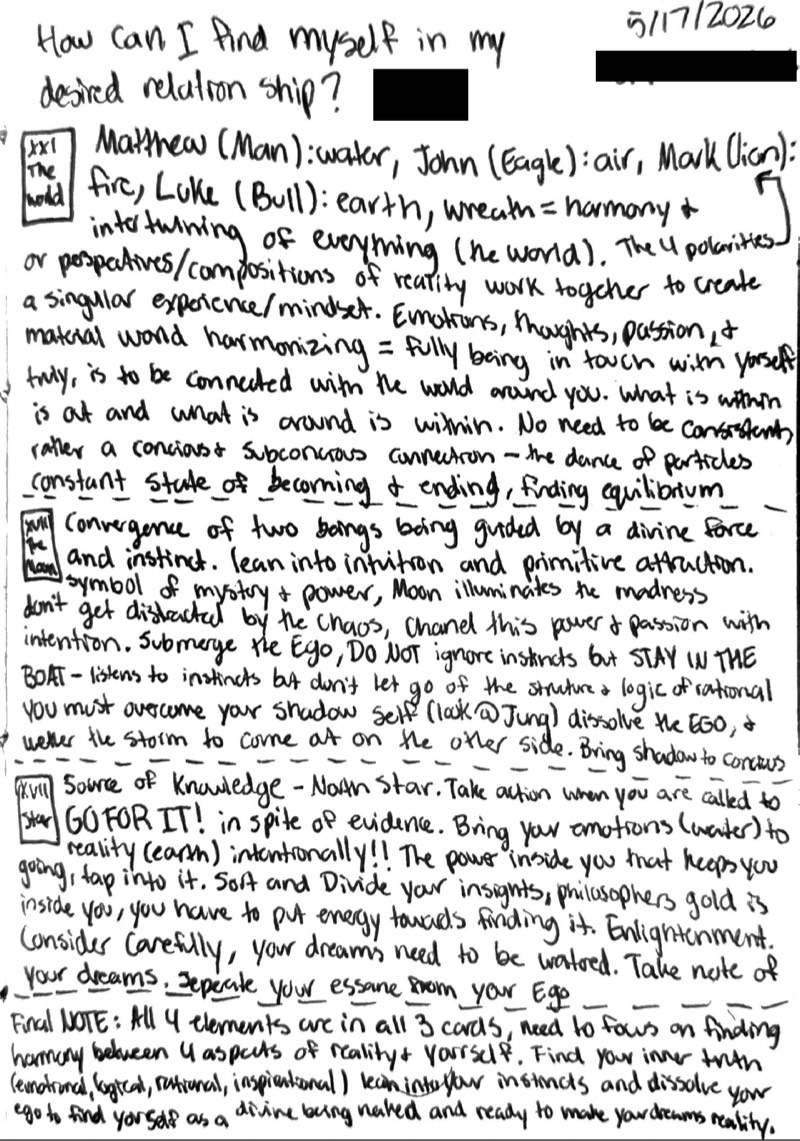 Handwritten tarot reading notes titled 'How can I find myself in my desired relationship?', dated May 17, 2026.