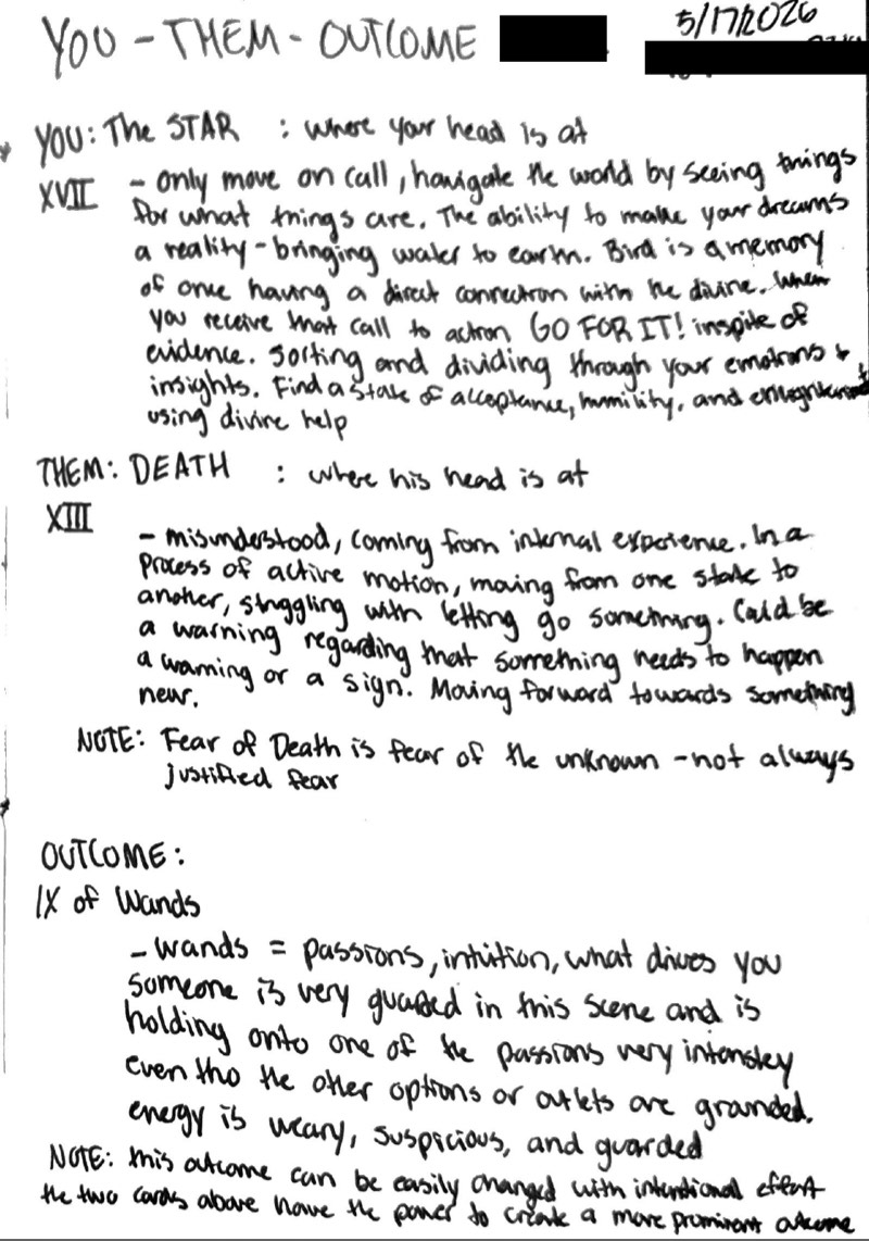 Handwritten tarot reading notes titled 'You – Them – Outcome', dated May 17, 2026.