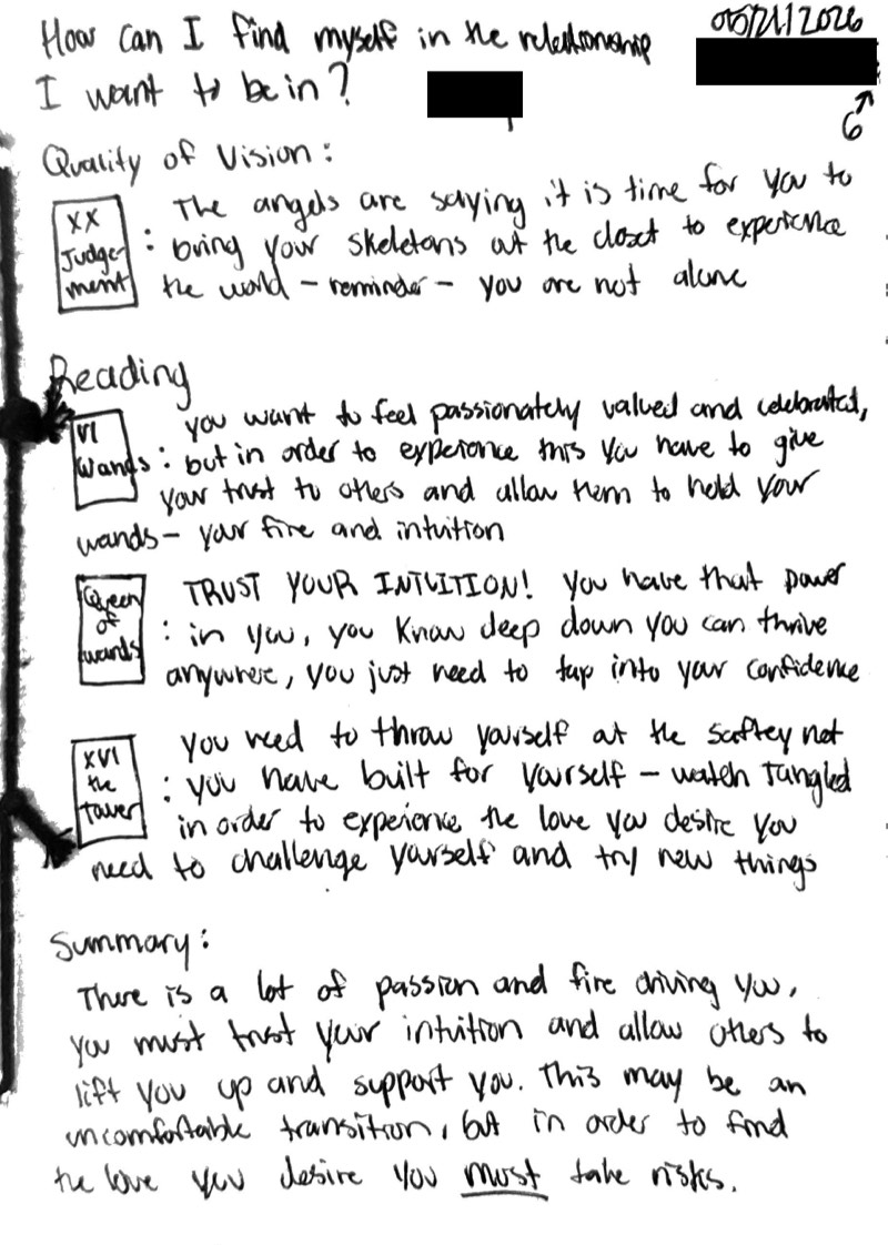 Handwritten tarot reading notes titled 'How can I find myself in the relationship I want to be in?', dated May 21, 2026.
