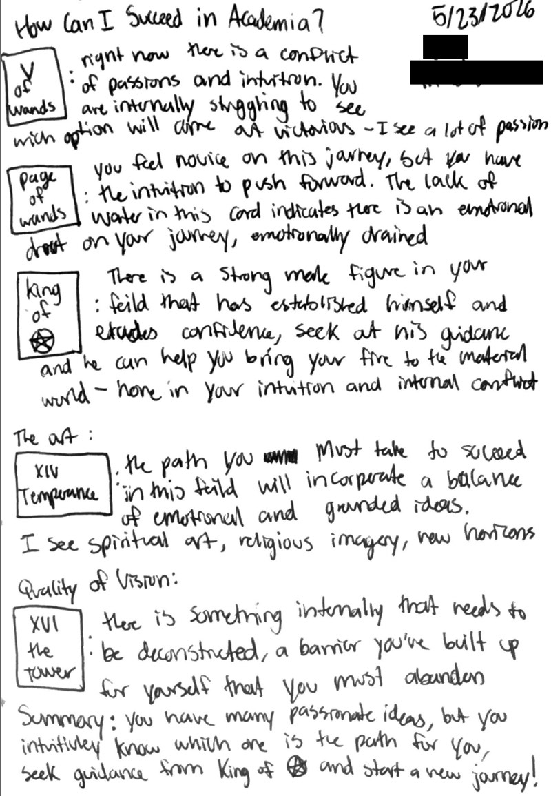 Handwritten tarot reading notes titled 'How can I succeed in academia?', dated May 23, 2026.
