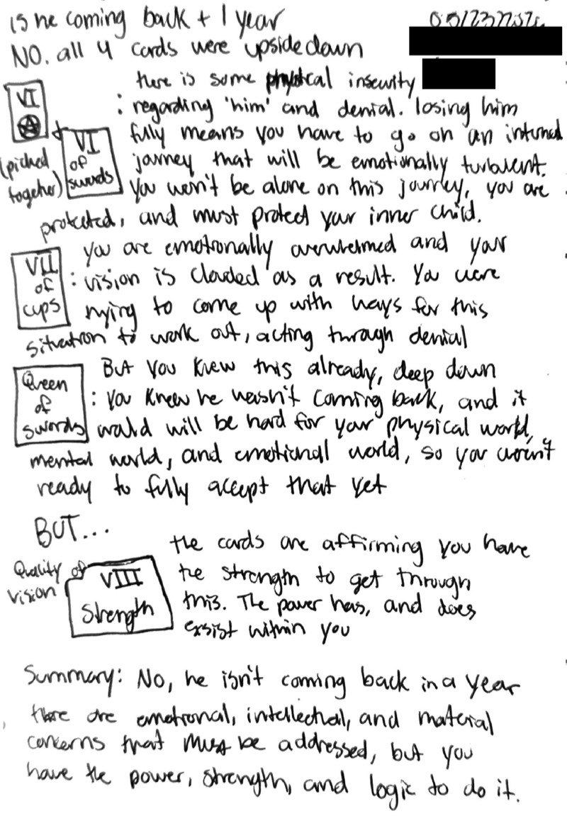 Handwritten tarot reading notes titled 'Is he coming back in one year?', dated May 23, 2026.
