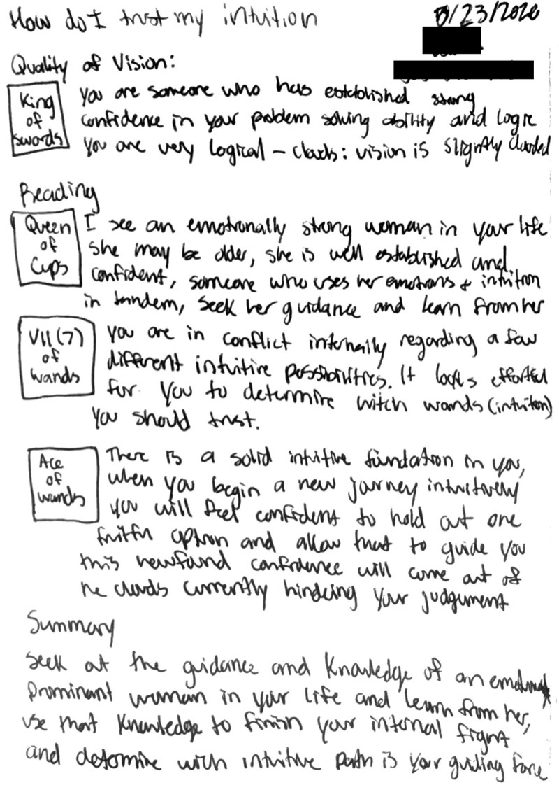 Handwritten tarot reading notes titled 'How do I trust my intuition?', dated May 23, 2026.