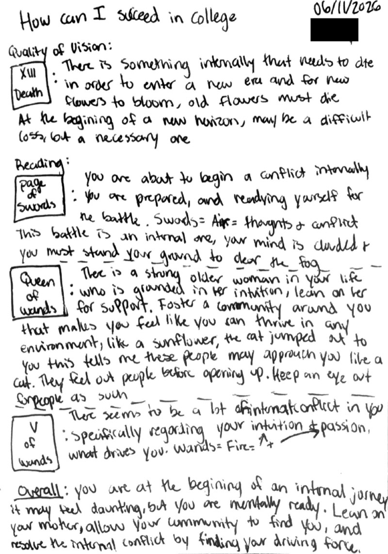 Handwritten tarot reading notes titled 'How can I succeed in college?', dated June 11, 2026.